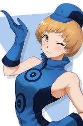 Rule 34 | 1girl, alternate costume, arched back, blue background, blue dress, blue gloves, blue hat, blush, breasts, brown eyes, closed mouth, commentary, cosplay, dress, elizabeth (persona), elizabeth (persona) (cosplay), eyelashes, gloves, hand on own hip, hat, highres, kurosususu, light brown hair, looking at viewer, medium breasts, one eye closed, persona, persona 3, persona 4, satonaka chie, shadow, short hair, simple background, sleeveless, sleeveless dress, smile, solo, turtleneck, turtleneck dress, upper body, white background