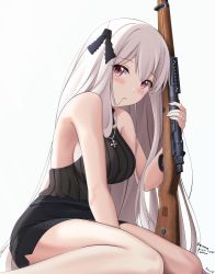 Rule 34 | 1girl, artist name, bare arms, bare shoulders, black ribbon, black shirt, black skirt, blush, bolt action, breasts, commentary request, cross, feet out of frame, girls&#039; frontline, gun, hair in own mouth, hair ribbon, highres, holding, holding gun, holding weapon, iron cross, jewelry, kar98k (girls&#039; frontline), keenh, long hair, looking at viewer, mauser 98, medium breasts, milestone celebration, name connection, necklace, object namesake, parted lips, red eyes, ribbon, rifle, shirt, signature, simple background, sitting, skirt, sleeveless, sleeveless shirt, solo, very long hair, wariza, weapon, white background, white hair