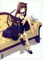 Rule 34 | 1girl, absurdres, animal ears, bare shoulders, barefoot, bird, blue eyes, breasts, brown hair, cat ears, cat tail, choker, cleavage, couch, detached sleeves, dress, feet, feet on chair, h2so4, hair ribbon, highres, holding, holding shoes, jewelry, lace, legs, long hair, original, pendant, ribbon, scan, shoes, signature, single shoe, sitting, solo, tail, tufted upholstery, yellow upholstery