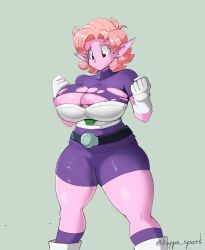 Rule 34 | 1girl, :/, adjusting clothes, artist name, ass, ass focus, bodysuit, boots, breasts, bursting breasts, butt crack, cheelai, cheelai (cosplay), clenched hands, colored skin, cosplay, dragon ball, dragon ball heroes, dragon ball super, earrings, gloves, highres, holding, jewelry, kappa spark, large breasts, looking at breasts, nipples, orange hair, pink eyes, pink skin, pointy ears, potara earrings, purple bodysuit, short hair, short shorts, short sleeves, shorts, simple background, solo, standing, sweat, tinted eyewear, twitter username, wavy eyes, white gloves, wide hips