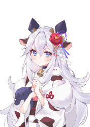 Rule 34 | 1girl, absurdres, alternate costume, animal, animal ears, animal on shoulder, animal print, bell, neck bell, bird, bird on shoulder, blue eyes, camellia, chinese zodiac, choker, closed mouth, commentary request, cow ears, cow horns, cow print, evelyn (final gear), final gear, flower, fujoshi kusako, hair between eyes, hair flower, hair ornament, hand on own chest, hand up, highres, holding, holding stuffed toy, horns, japanese clothes, kanzashi, kemonomimi mode, kimono, long hair, new year, no nose, obi, red flower, sash, shawl, shide, simple background, solo, stuffed toy, upper body, white background, white hair, year of the ox