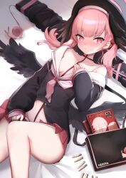 Rule 34 | 1girl, absurdres, black shirt, black wings, blue archive, blush, bolt action, breasts, closed mouth, collarbone, commentary request, feathered wings, groin, gun, highres, knee up, koharu (blue archive), long hair, long sleeves, looking at viewer, low wings, neckerchief, nekoya (liu), off shoulder, p14 enfield, pink hair, pink neckerchief, pleated skirt, puffy long sleeves, puffy sleeves, red eyes, red skirt, rifle, sailor collar, shirt, skirt, sleeves past wrists, small breasts, solo, twintails, weapon, white sailor collar, wings