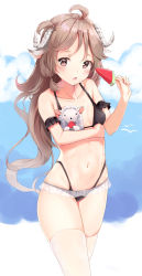 Rule 34 | 1girl, absurdres, ahoge, airool, animal, animal ears, arknights, bare shoulders, bikini, black bikini, breasts, brown hair, carrying, collarbone, commentary request, curled horns, eyjafjalla (arknights), food, fruit, gradient hair, highleg, highleg bikini, highres, holding, horns, long hair, looking at viewer, multi-strapped bikini, multicolored hair, navel, parted lips, red eyes, sheep, skindentation, small breasts, solo, standing, swimsuit, thighhighs, thighs, very long hair, watermelon, wavy hair, wet, white thighhighs