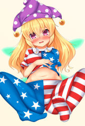 Rule 34 | 1girl, american flag dress, american flag legwear, blonde hair, blush, breasts, clothes lift, clownpiece, daichi (tokoya), dress, dress lift, feet, hat, highres, jester cap, lips, long hair, navel, no shoes, pantyhose, purple eyes, shirt lift, short sleeves, small breasts, solo, spread legs, striped clothes, striped pantyhose, touhou