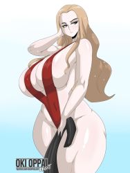 Rule 34 | 1girl, artist name, blonde hair, breasts, cleavage, creatures (company), curvy, game freak, green eyes, highres, huge breasts, long hair, nintendo, okioppai, oleana (pokemon), one-piece swimsuit, pokemon, pokemon swsh, red one-piece swimsuit, simple background, slingshot swimsuit, solo, sparkle, swimsuit, thick thighs, thighs, wide hips