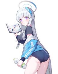 Rule 34 | 1girl, absurdres, alternate costume, ass, black shirt, blue archive, blue buruma, blue jacket, blush, book, bottle, breasts, buruma, closed mouth, commentary, dlgustkdsla, grey hair, gym uniform, halo, headphones, highres, holding, holding book, holding bottle, id card, jacket, large breasts, leaning forward, long hair, long sleeves, looking at viewer, noa (blue archive), off shoulder, purple eyes, shirt, simple background, smile, solo, track jacket, very long hair, water bottle, white background