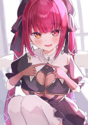 1girl absurdres black_ribbon breasts charlotte11037 cleavage cleavage_cutout clothing_cutout crop_top hair_ribbon heterochromia highres hololive houshou_marine houshou_marine_(ahoy!!_you&#039;re_all_pirates) large_breasts long_hair looking_at_viewer official_alternate_costume open_mouth red_eyes red_hair ribbon smile twintails very_long_hair virtual_youtuber yellow_eyes