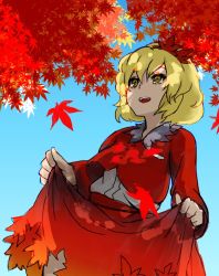 Rule 34 | 1girl, :d, aki shizuha, bad id, bad twitter id, blonde hair, clothes lift, collared shirt, day, hair ornament, highres, leaf, leaf hair ornament, leaf on head, long sleeves, maple leaf, maple tree, nuqura, open mouth, shirt, short hair, skirt, skirt lift, sky, smile, solo, touhou, tree, yellow eyes
