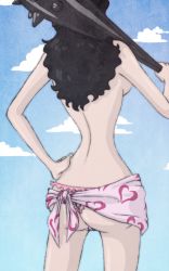 Rule 34 | 1girl, alvida (one piece), ass, back, backboob, black hair, blue sky, breasts, cloud, cloudy sky, club, club (weapon), curly hair, day, duskchant, female focus, hand on own hip, head out of frame, heart, kanabou, legs, long hair, looking away, one piece, over shoulder, panties, pink panties, pink skirt, sarong, sash, skirt, sky, solo, spiked club, standing, striped clothes, striped panties, thighs, topless, underwear, weapon, weapon over shoulder