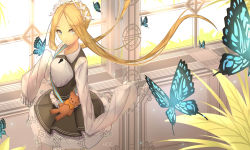 Rule 34 | 1girl, abigail williams (fate), abigail williams (festival outfit) (fate), black skirt, blonde hair, blue eyes, blush, braid, breasts, bug, butterfly, dress, fate/grand order, fate (series), forehead, french braid, heroic spirit chaldea park outfit, holding, holding stuffed toy, insect, long hair, long sleeves, looking at viewer, maid headdress, official alternate costume, parted bangs, sash, sidelocks, skirt, sleeves past fingers, sleeves past wrists, solo, stuffed animal, stuffed toy, teddy bear, very long hair, weyas kayur, white dress, window