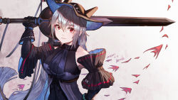 Rule 34 | 1girl, absurdres, arknights, artist name, ascot, black ascot, black gloves, black hat, black shirt, black sleeves, breasts, dated, detached sleeves, elbow gloves, gloves, grey hair, hair between eyes, hand up, hat, highres, holding, holding sword, holding weapon, looking at viewer, medium breasts, nerok, over shoulder, red eyes, shirt, simple background, skadi (arknights), skadi (elite ii) (arknights), sleeveless, sleeveless shirt, solo, sword, sword over shoulder, upper body, weapon, weapon over shoulder, white background