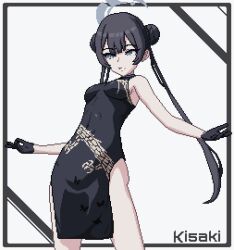 Rule 34 | 1girl, black dress, black gloves, black hair, blue archive, braid, braided bun, breasts, chinese clothes, double bun, dress, feet out of frame, gloves, green eyes, hair bun, halo, highres, kisaki (blue archive), pixel art, print dress, seiko093, sleeveless, sleeveless dress, small breasts, standing, twintails