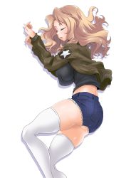 Rule 34 | 10s, 1girl, ass, blonde hair, blush, breasts, covered erect nipples, closed eyes, girls und panzer, highres, jacket, kay (girls und panzer), large breasts, open mouth, short shorts, shorts, sleeping, solo, tank top, thighhighs, white thighhighs