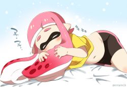 Rule 34 | 1girl, artist name, bike shorts, black bike shorts, black shorts, blush, closed eyes, clothes lift, domino mask, eromame, feet out of frame, hair in own mouth, inkling, inkling girl, inkling player character, lying, mask, midriff, navel, nintendo, on side, pink hair, pointy ears, saliva, shirt, shirt lift, short sleeves, shorts, simple background, sleeping, solo, splatoon (series), splatoon 1, striped clothes, striped shorts, tentacle hair, tentacles, vertical-striped clothes, vertical-striped shorts, yellow shirt, zzz