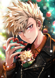 Rule 34 | 1boy, absurdres, bakugou katsuki, blonde hair, boku no hero academia, character doll, christmas, christmas present, christmas tree, earrings, esora-arts, explosive, gift, grenade, heart, highres, holding, holding gift, jacket, jewelry, leather, leather jacket, looking at viewer, male focus, orange shirt, red eyes, shirt, short hair, solo, spiked hair