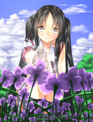 Rule 34 | 1girl, bad id, bad pixiv id, black hair, blush, brown eyes, head rest, cloud, day, flower, from below, looking at viewer, original, sky, smile, solo, squatting, twintails, unowen, water, watering can