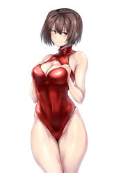 Rule 34 | 10s, 1girl, blush, breasts, brown eyes, brown hair, cleavage, cleavage cutout, clothing cutout, competition swimsuit, female focus, front zipper swimsuit, hyuuga (kancolle), kantai collection, large breasts, meme attire, one-piece swimsuit, red one-piece swimsuit, short hair, smile, solo, sweatdrop, swimsuit, ulrich (tagaragakuin)