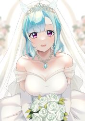 Rule 34 | 1girl, absurdres, alternate costume, animal ears, arch, bare shoulders, blue hair, blush, bouquet, breasts, cleavage, commentary request, dress, ear covers, elbow gloves, flower, gloves, highres, holding, holding bouquet, horse ears, horse girl, jewelry, long hair, medium breasts, mejiro ardan (umamusume), necklace, nitsutomeo shinobu, open mouth, purple eyes, rose, smile, solo, tiara, umamusume, veil, wedding, wedding dress, white dress, white flower, white gloves, white rose