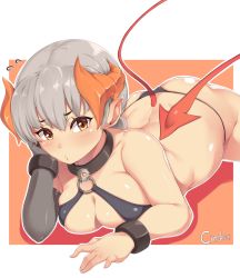 Rule 34 | 1girl, ass, bare back, bare shoulders, blush, borrowed character, breasts, brown eyes, cinder (norasuko), cleavage, collar, curvy, demon tail, devil, female focus, gloves, grey gloves, highres, hip focus, horns, looking at viewer, lying, medium breasts, moisture (chichi), o-ring, original, parted lips, pointy ears, short hair, silver hair, single glove, skindentation, solo, tail, thong, wide hips