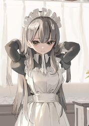 Rule 34 | 1girl, apron, blush, breasts, brown eyes, commentary request, curtains, hair between eyes, hair tie in mouth, hands in hair, highres, indoors, light brown hair, long hair, long sleeves, looking at viewer, maid, maid apron, maid headdress, medium breasts, mouth hold, original, puffy sleeves, shii (kairi-t-k0317), solo, straight hair, sunlight, upper body, very long hair, window
