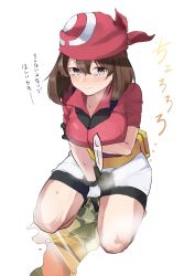Rule 34 | 1girl, bad id, bad twitter id, bandana, between legs, bike shorts, blue eyes, blush, breasts, breath, brown hair, closed mouth, collarbone, creatures (company), embarrassed, fanny pack, female focus, full body, game freak, gloves, hand between legs, hand up, highres, japanese text, kurutsuki, large breasts, looking at viewer, may (pokemon), nintendo, nose blush, pee, peeing, peeing self, poke ball symbol, poke ball theme, pokemon, pokemon rse, puddle, red headwear, red shirt, reflection, shirt, short hair, short sleeves, simple background, solo, squatting, steam, sweat, talking, tears, translation request, wet, wet clothes, white background, white gloves
