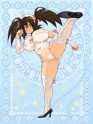 Rule 34 | 1girl, ass, breasts, brown hair, cleft of venus, clenched hands, detached sleeves, end breaker!, full body, garter straps, gluteal fold, headdress, high heels, high kick, kicking, large breasts, long hair, official art, panties, pumps, ryoji (nomura ryouji), solo, sweat, thighhighs, thong, twintails, underwear, underwear only, white panties, white thighhighs, yellow eyes