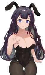 Rule 34 | 1girl, absurdres, animal ears, bare shoulders, black hair, black leotard, black pantyhose, blue eyes, blunt bangs, breasts, cleavage, closed mouth, collarbone, eyelashes, fake animal ears, forehead, frown, hair ornament, hairclip, hand on own chest, highleg, highleg leotard, highres, large breasts, leotard, long hair, looking at viewer, pantyhose, playboy bunny, rabbit hair ornament, sakurajima mai, seishun buta yarou, simple background, sitting, solo, strapless, strapless leotard, thigh gap, user uvsc3454, v-shaped eyebrows, white background, ||/