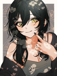 Rule 34 | 1girl, black hair, black jacket, blush, breasts, camisole, cleavage, collarbone, commentary request, fingernails, floral background, grey camisole, hair between eyes, highres, idolmaster, idolmaster shiny colors, jacket, light smile, looking at viewer, mole, mole under mouth, nail polish, paddy field, pointing, shirase sakuya, single bare shoulder, solo, upper body, yellow eyes