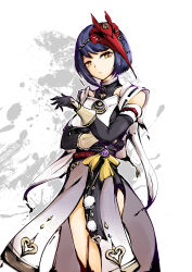 Rule 34 | 1girl, arm guards, arm under breasts, armpits, artist request, bare shoulders, black gloves, blue hair, breast curtain, breasts, clenched hands, collared shirt, dark blue hair, detached sleeves, elbow gloves, expressionless, eyelashes, female focus, genshin impact, gloves, half-closed eyes, hand up, highres, japanese clothes, jewelry, knee socks, kujou sara, legs, legs together, looking at viewer, looking to the side, mask, mask on head, medium breasts, medium hair, mihoyo, neck, necklace, obi, sash, shirt, sidelocks, simple background, sleeveless, sleeveless shirt, standing, swept bangs, tengu, tengu mask, thighs, tomoe (symbol), vision (genshin impact), white background, wide sleeves, yellow eyes