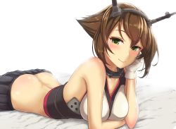 Rule 34 | 10s, 1girl, arm support, ass, breasts, brown hair, butt crack, dimples of venus, gloves, green eyes, headgear, highres, kantai collection, large breasts, lying, monoku, mutsu (kancolle), no bra, no panties, on stomach, smile, solo, white background