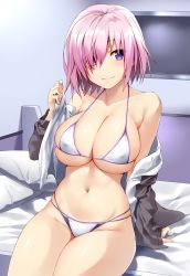 Rule 34 | 1girl, alternate costume, bare shoulders, bed, bed sheet, bikini, blush, breasts, cleavage, closed mouth, clothes down, collarbone, commentary request, covered erect nipples, fate/grand order, fate (series), female focus, grey jacket, groin, hair over one eye, halterneck, hand up, highres, indoors, jacket, large breasts, legs together, looking at viewer, mash kyrielight, navel, off shoulder, on bed, open mouth, pillow, pink hair, purple eyes, purple hair, short hair, shunichi, sitting, skindentation, smile, solo, stomach, swimsuit, television, thighs, underboob, white bikini, white jacket