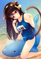 Rule 34 | 10s, 1girl, animal ears, beach, black hair, breasts, brown eyes, cat ears, cat tail, dolphin, hair ornament, hairband, hairclip, haruna (kancolle), head tilt, headgear, ichikawa noa, impossible clothes, inflatable dolphin, inflatable toy, kantai collection, kemonomimi mode, large breasts, long hair, ocean, one-piece swimsuit, outdoors, paw pose, sand, school swimsuit, smile, solo, swimsuit, tail, water