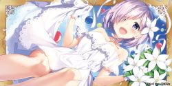 Rule 34 | 1girl, :d, artist name, bare shoulders, blue sky, blush, bouquet, breasts, choker, clothes lift, day, dress, dress lift, eyes visible through hair, fate/grand order, fate (series), flower, gloves, hair flower, hair ornament, hair over one eye, highres, light purple hair, looking at viewer, mash kyrielight, mash kyrielight (formal dress), masuishi kinoto, medium breasts, official alternate costume, open mouth, outdoors, petals, purple eyes, ribbon choker, sky, smile, solo, strapless, strapless dress, white dress, white gloves