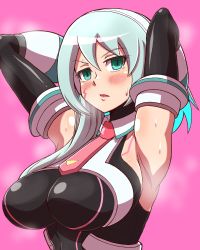 Rule 34 | 1girl, android, armpits, blue eyes, blush, breasts, capcom, green eyes, hair between eyes, hair ornament, highres, ico (megaman x dive), long hair, looking at viewer, mega man (series), mega man x (series), mega man x dive, nobuyu (77yusei), parted lips, pink background, robot, solo, steaming body, sweat