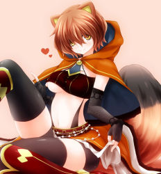 Rule 34 | 1girl, animal ears, bandeau, bike shorts, bike shorts under skirt, black gloves, black thighhighs, blush, boots, breasts, brooch, brown hair, buttons, cloak, clothes lift, elbow gloves, fingerless gloves, gloves, hair over eyes, heart, highres, hood, hooded cloak, innocent red, jewelry, looking at viewer, midriff, navel, orange skirt, original, pink background, red footwear, short hair, shorts, shorts under skirt, simple background, sitting, skirt, skirt lift, smile, solo, strapless, tail, thighhighs, tube top, underboob, watarui, wristband, yellow eyes