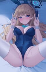Rule 34 | 1girl, absurdres, animal ears, bare shoulders, blonde hair, blue archive, blue eyes, blue leotard, blush, bow, bowtie, braid, breasts, cleavage, crotch, detached collar, double v, earpiece, fake animal ears, french braid, halo, highleg, highleg leotard, highres, leotard, long hair, looking at viewer, lying, medium breasts, on back, pillow, playboy bunny, rabbit ears, reel (riru), spread legs, thighhighs, thighs, toki (blue archive), toki (bunny) (blue archive), v, wedgie, white thighhighs, wrist cuffs