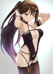 Rule 34 | 1girl, absurdres, art itou, azur lane, black dress, black hair, black thighhighs, breasts, brown hair, cleavage, commentary request, cowboy shot, dress, gradient background, high ponytail, highres, large breasts, logo, long hair, looking at viewer, ponytail, race queen, solo, thighhighs, very long hair, white background, wrist cuffs, yellow eyes, zuikaku (azur lane), zuikaku (the wind&#039;s true name) (azur lane)