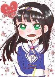 Rule 34 | 1girl, alternate hairstyle, aqua eyes, artist name, artist request, black hair, blue dress, blue ribbon, blush, breasts, brightest melody, close-up, collared dress, detached collar, dress, female focus, green eyes, half updo, heart, heart print, highres, kurosawa dia, long hair, long sleeves, looking at viewer, love live!, love live! school idol festival, love live! sunshine!!, mole, mole under mouth, neck ribbon, parted lips, plaid, plaid dress, pleated, pleated dress, puffy long sleeves, puffy sleeves, ribbon, sailor collar, sleeve cuffs, small breasts, smile, solo, tiara, upper body, white background, white detached collar, white sailor collar