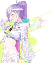 Rule 34 | 1girl, absurdres, blue gloves, blue hoodie, blush, breasts, can, cleavage, colored inner hair, demon wings, facial tattoo, gloves, green eyes, high ponytail, highres, holding, holding can, hololive, hood, hoodie, lunariskat, multicolored hair, navel, navel piercing, official alternate costume, open mouth, piercing, pink hair, pointy ears, purple eyes, purple gloves, see-through, see-through sleeves, short shorts, shorts, small breasts, spray can, streaked hair, tattoo, tokoyami towa, tokoyami towa (5th costume), two-sided gloves, two-sided hoodie, virtual youtuber, white gloves, white hoodie, white shorts, white shrug, wings