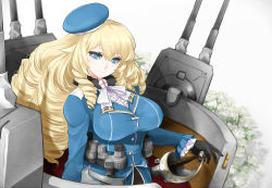 Rule 34 | 10s, 1girl, ajino (sakanahen), alternate hairstyle, atago (kancolle), black gloves, black pantyhose, blonde hair, blue eyes, breasts, curly hair, drill hair, female focus, gloves, hat, kantai collection, large breasts, long hair, looking at viewer, military, military uniform, pantyhose, simple background, solo, sword, uniform, weapon