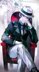 Rule 34 | 1boy, absurdres, black hair, chair, expressionless, formal, hand on own cheek, hand on own face, hat, highres, kibutsuji muzan, kimetsu no yaiba, kyuuba melo, looking at viewer, male focus, necktie, red eyes, short hair, sidelocks, sitting, solo, suit, white hat