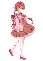 Rule 34 | 1girl, backpack, bag, brown eyes, buttons, collared shirt, commission, frilled skirt, frills, full body, hair between eyes, jacket, long hair, long sleeves, low ponytail, mamyouda, necktie, open clothes, open jacket, original, pink jacket, plaid, plaid skirt, red footwear, red hair, red necktie, red ribbon, ribbon, shirt, simple background, skeb commission, skirt, sleeves past wrists, solo, standing, tachi-e, white background, white shirt
