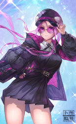 Rule 34 | 1girl, absurdres, adjusting clothes, adjusting headwear, black hat, black jacket, black skirt, blush, breasts, fate/grand order, fate (series), glasses, hand on own hip, hat, highres, jacket, large breasts, long hair, looking at viewer, medusa (fate), medusa (saber) (fate), open clothes, open jacket, pink-tinted eyewear, pink lips, pleated skirt, purple eyes, purple hair, radishkek, skirt, skirt set, solo, sunglasses, thighs, tinted eyewear