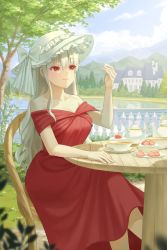 Rule 34 | 1girl, bare shoulders, breasts, bush, cake, cup, dress, foliage, food, forest, fruit, gonzz (gon2rix), grass, hair between eyes, hand up, highres, long dress, long hair, mountainous horizon, nature, original, outdoors, red dress, red eyes, sitting, smile, solo, strawberry, strawberry shortcake, table, teacup, teapot, white hair, white headwear, wooden chair, wooden table
