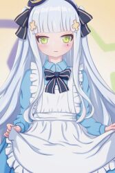 Rule 34 | 1girl, absurdres, aged down, alternate costume, apron, bow, bowtie, dress, girls&#039; frontline, green eyes, grey hair, guan 1005, guandw, hairband, highres, hk416 (girls&#039; frontline), long hair, looking at viewer, solo, straight hair