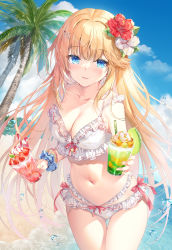 Rule 34 | 1girl, bangle, bare shoulders, beach, bikini, blonde hair, blue eyes, bracelet, breasts, cleavage, collarbone, commentary request, cowboy shot, cup, day, drinking glass, frilled bikini, frills, gluteal fold, holding, jewelry, long hair, looking at viewer, medium breasts, miwabe sakura, navel, original, outdoors, parted lips, scrunchie, smile, solo, standing, stomach, string bikini, sunlight, swimsuit, thigh gap, thighs, tropical drink, very long hair, white bikini, wrist scrunchie
