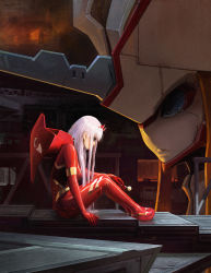 Rule 34 | 1girl, absurdres, bodysuit, candy, darling in the franxx, elvafirst, food, from side, green eyes, highres, holding, holding candy, holding food, holding lollipop, horns, lollipop, mecha, pink hair, red bodysuit, red horns, robot, strelizia, zero two (darling in the franxx)