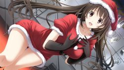 Rule 34 | 1girl, black eyes, black gloves, black hair, breasts, christmas, dress, dutch angle, floating hair, fur trim, game cg, gloves, hands on own chest, hat, indoors, kiss bell, legs, light, long hair, looking at viewer, medium breasts, mikoto akemi, open mouth, red dress, santa costume, santa hat, solo, standing, takahata chiharu, thigh gap, thighs, wallpaper