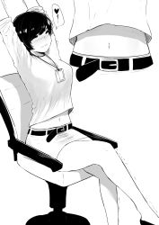 Rule 34 | 1girl, absurdres, bare legs, belt, black hair, blush, breasts, chair, closed eyes, commentary, crossed legs, english commentary, full body, greyscale, heart, highres, id card, lanyard, medium breasts, midriff, midriff peek, miniskirt, monochrome, name tag, navel, norman maggot, nose blush, office chair, office lady, olive laurentia, original, pencil skirt, pixie cut, shirt, shirt overhang, shirt tucked in, short hair, simple background, sitting, skirt, solo, speech bubble, spoken heart, stretching, swivel chair, trembling, white background