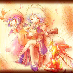 Rule 34 | 3girls, ^ ^, acoustic guitar, ascot, ayakashi (monkeypanch), bad id, bad pixiv id, bat wings, blonde hair, blue hair, braid, chair, closed eyes, closed eyes, female focus, flandre scarlet, guitar, hat, instrument, izayoi sakuya, mary janes, multiple girls, music, musical note, open mouth, playing instrument, red eyes, remilia scarlet, shoes, short hair, side ponytail, sitting, skirt, smile, touhou, twin braids, wariza, wings, wrist cuffs